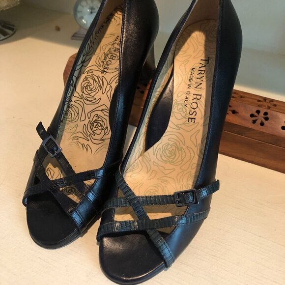 Women's Taryn Rose Black Leather Open Toe Vero Cuoio Italy Size 5 1/2 - Picture 5 of 14